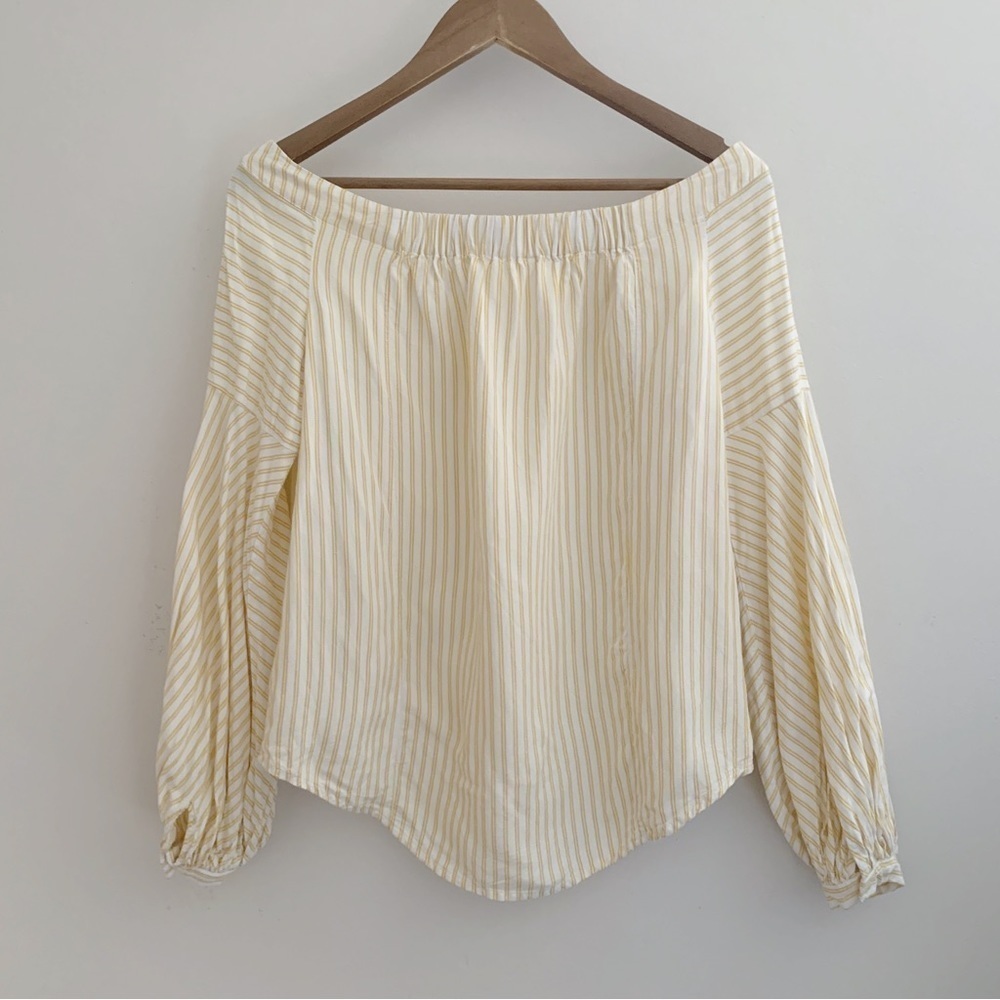 Maeve Yellow Striped Linen Blend Off Shoulder Cloutille Top Sz 2 Summer Coastal